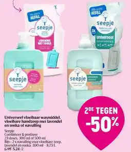 Delhaize Seepje Universeel vloeibaar wasmiddel, vloeibare handzeep met lavendel en tonka of navulling aanbieding