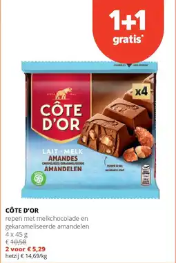 Spar CÔTE D’OR repen met melkchocolade en gekarameliseerde amandelen 4 x 45 g aanbieding