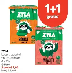 Spar ZYLA boost tropical of vitality red fruits 4 x 25 cl aanbieding