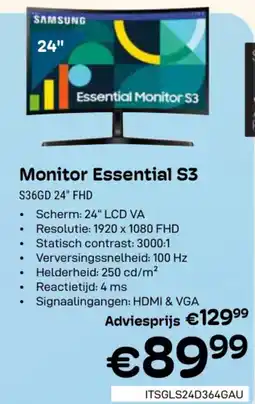 CompuDeals Samsung Monitor Essential S3 S36GD 24" FHD aanbieding