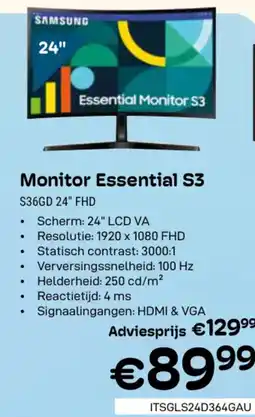 CompuDeals Samsung Monitor Essential S3 S36GD 24" FHD aanbieding