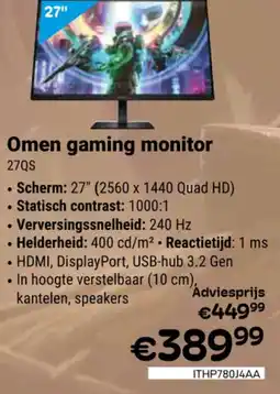 CompuDeals hp Omen gaming monitor 27QS aanbieding