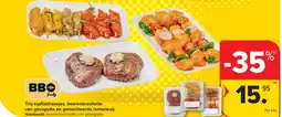 Carrefour Trio kipfi lethaasjes, boerenbrochette van gevogelte en gemarineerde lamssteak aanbieding