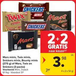 Carrefour Mars minis, Twix minis, Snickers minis, Bounty minis (275 g) of Mars, Twix en Snickers (3-packs) aanbieding