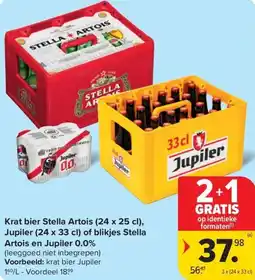 Carrefour Market Krat bier Stella Artois , Jupiler of blikjes Stella Artois en Jupiler 0.0% aanbieding