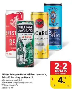 Carrefour Market Blikjes Ready to Drink William Lawson's, Eristoff, Bombay en Bacardi aanbieding