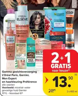Carrefour Market Gamma gezichtsverzorging L'Oréal Paris, Garnier, Men Expert en haarkleuring Préférence aanbieding