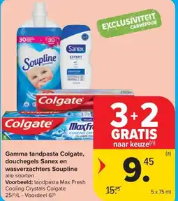 Carrefour Market Gamma tandpasta Colgate, douchegels Sanex en wasverzachters Soupline aanbieding