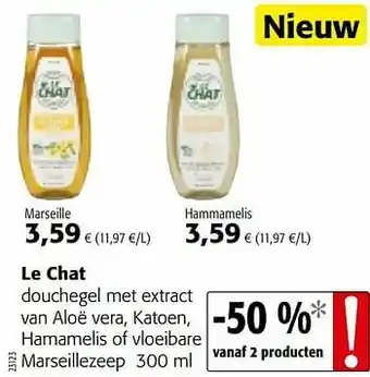 Colruyt Le chat douchegel met extract van aloë vera, katoen, hamamelis of vloeibare marseillezeep aanbieding