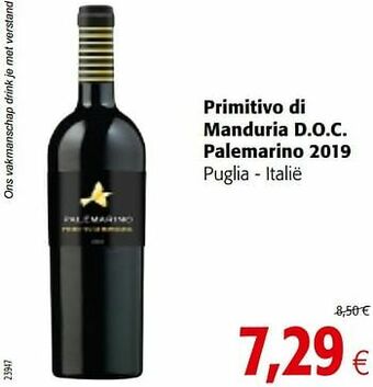 Primitivo di manduria d.o.c. palemarino 2019 puglia - italië