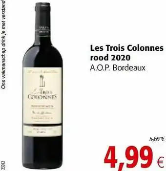 Colruyt Les trois colonnes rood 2020 a.o.p. bordeaux aanbieding