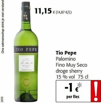 Colruyt Tio pepe palomino fino muy seco droge sherry aanbieding