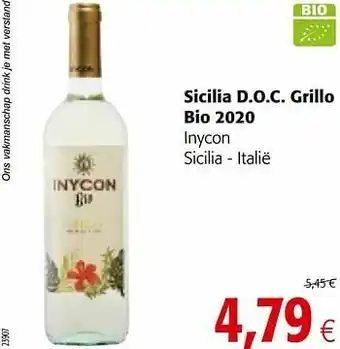 Colruyt Sicilia d.o.c. grillo bio 2020 inycon sicilia - italië aanbieding