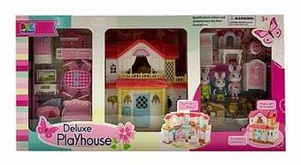Luxe speelhuis met meubeltjes en konijnenfamilie