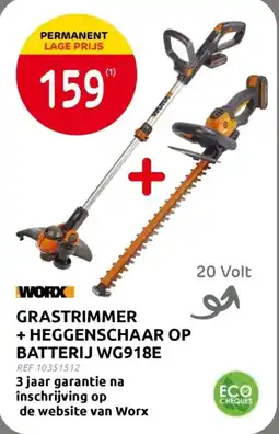 Brico Worx Grastrimmer + Heggenschaar op Batterij WG918E aanbieding