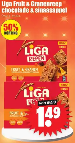 Dirk Liga Fruit & Granenreep chocolade & sinaasappel aanbieding