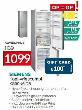Selexion Siemens koel-vriescombi kg39n6idb aanbieding