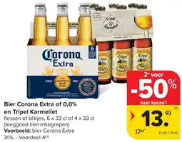 Carrefour Bier Corona Extra of 0,0% en Tripel Karmeliet aanbieding