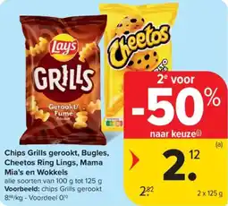 Carrefour Market Chips Grills gerookt Bugles Cheetos Ring Lings Mama Mia's en Wokkels aanbieding