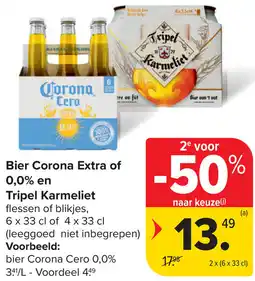 Carrefour Bier Corona Extra of 0,0% en Tripel Karmeliet aanbieding