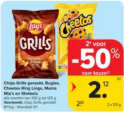 Carrefour Market Chips Grills gerookt, Bugles, Cheetos Ring Lings, Mama Mia's en Wokkels aanbieding