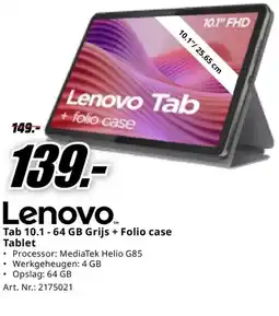 MediaMarkt Lenovo Tab 10.1 - 64 GB Grijs + Folio case Tablet aanbieding