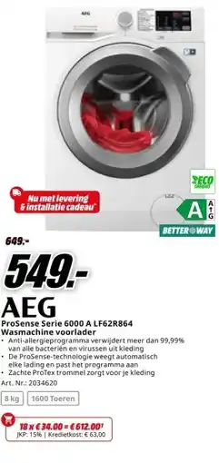 MediaMarkt AEG ProSense Serie 6000 A LF62R864 Wasmachine voorlader aanbieding