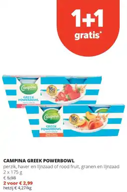 Spar CAMPINA GREEK POWERBOWL perzik, haver en lijnzaad of rood fruit, granen en lijnzaad 2 x 175 g aanbieding