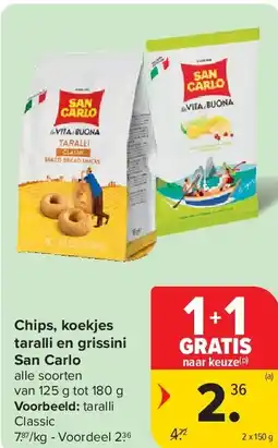 Carrefour Chips, koekjes taralli en grissini San Carlo aanbieding