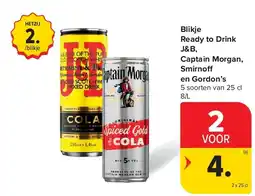 Carrefour Blikje Ready to Drink J&B, Captain Morgan, Smirnoff en Gordon’s aanbieding