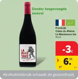Carrefour Frankrijk Côtes du Rhône La Résistance bio aanbieding