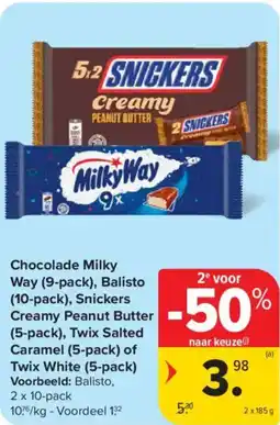 Carrefour Market Chocolade Milky Way Balisto Snickers Creamy Peanut Butter Twix Salted Caramel of Twix White aanbieding