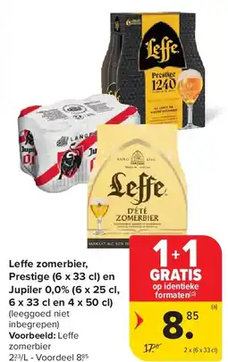 Carrefour Leffe zomerbier, Prestige (6 x 33 cl) en Jupiler 0,0% (6 x 25 cl, 6 x 33 cl en 4 x 50 cl) aanbieding