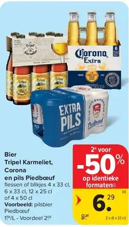 Carrefour Bier Tripel Karmeliet, Corona en pils Piedbœuf aanbieding