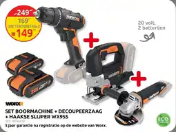 Brico Set boormachine + decoupeerzaag + haakse slijper WX955 aanbieding