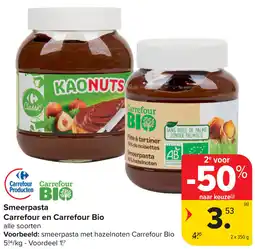 Carrefour Smeerpasta Carrefour en Carrefour Bio aanbieding