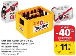 Carrefour Krat bier Jupiler, flessen of blikjes Jupiler 0,0% en Jupiler Blue aanbieding