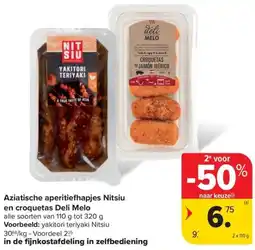 Carrefour Market Aziatische aperitiefhapjes Nitsiu en croquetas Deli Melo aanbieding