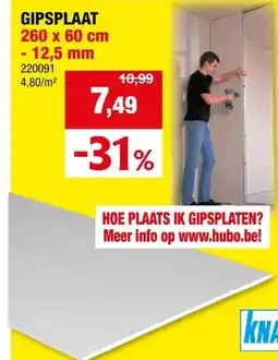 Hubo Knauf gipsplaat AK 12,5mm 260x60 cm aanbieding