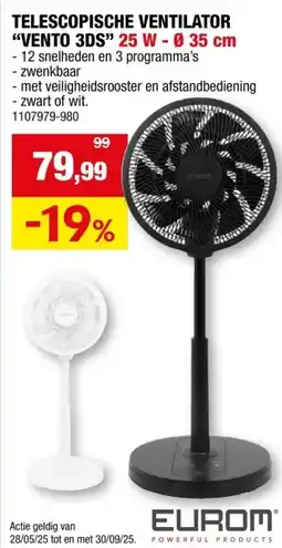 Hubo TELESCOPISCHE VENTILATOR VENTO 3DS 25 W aanbieding