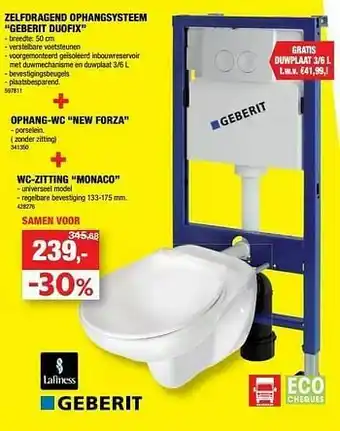 Hubo Zelfdragend ophangsysteem geberit duofix + ophang-wc new forza + wc-zitting monaco aanbieding