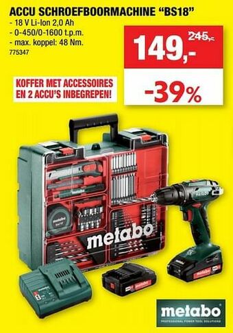 Hubo Metabo accu schroefboormachine bs18 aanbieding
