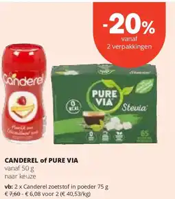 Spar CANDEREL of PURE VIA Canderel zoetstof in poeder 75 g aanbieding