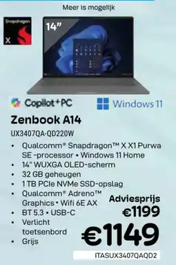 CompuDeals Zenbook A14 UX3407QA-QD220W aanbieding