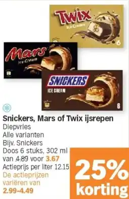 Albert Heijn Snickers, Mars of Twix ijsrepen Diepvries aanbieding