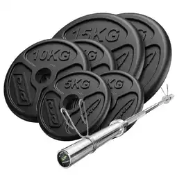 Decathlon Olympische halterstang en -plaatset voor krachttraining van 75 kg aanbieding