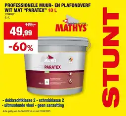 Hubo Mathys Paratex professionele muur- en plafondverf 10l mat wit aanbieding