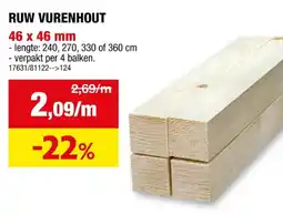Hubo Vurenhout ruw 46x46 mm 360cm 4 stuks aanbieding