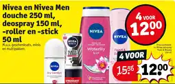 Kruidvat Nivea en Nivea Men douche 250 ml, deospray 150 ml, -roller en -stick 50 ml aanbieding