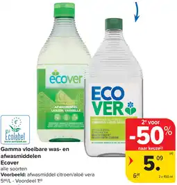 Carrefour Ecover gamma vloeibare was- en afwasmiddelen aanbieding